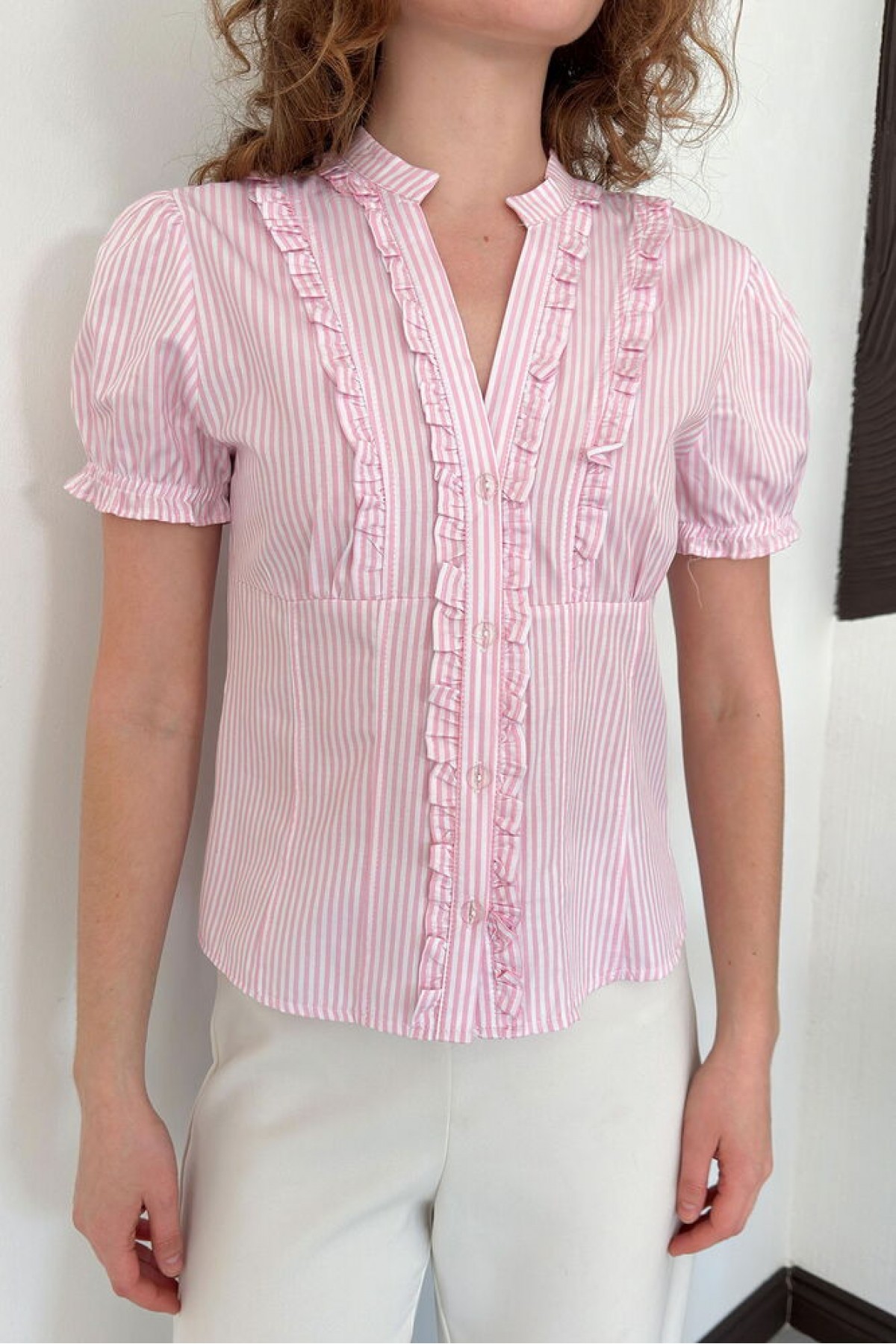 D 3021 ÇİZGİLİ FIRFIRLI GÖMLEK - PEMBE